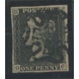 1840 1d black, plate 6, O-C, used with "8" in maltese cross, 4 margins, fine. Sold "as is".