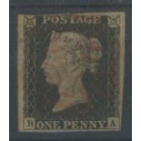 1840 1d black, plate 2, B-A, F/U with red maltese cross, 4 margins, fine.