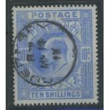 1902-10 10/- ultramarine F/U with complete Guernsey cds, fine.