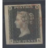 1840 1d black, plate 6, E-A, F/U with red maltese cross, 4 very large margins, fine.