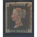 1840 1d black, plate 2, D-G (Double D), F/U with red maltese cross, 4 margins, fine.