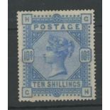 1883-84 10/- ultramarine, C-H, unused, washed? Sold "as is".