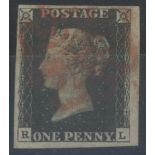 1840 1d black, plate 5, R-L, F/U with red maltese cross, 4 large margins, fine.