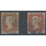 1841 1d red x 2 (B-J & K-L) with light blue & dark blue maltese crosses, 4 margins, fine.