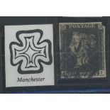 1840 1d black, R-I, used with black Manchester maltese cross, 4 margins, fine.