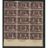 1937 Coronation block of 15 on piece, each stamp with Ogmore Bridgend 13 MY 37 CDS.