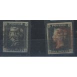 1840 1d blacks, plate 4, D-H & R-B, both with Leeds maltese cross, D-H in red & R-B in black,