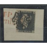 1840 1d black, plate 1b, G-A, used on piece with black maltese cross & part red "Cornhill",