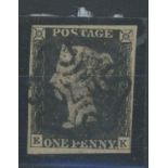 1840 1d black, plate 6, E-K, F/U with central black maltese cross, 4 margins, fine.