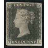 1840 1d black, T-I, unused, regummed, 4 margins, fine.