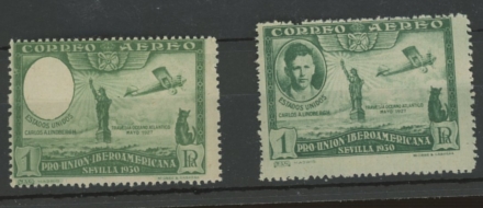 1930 Spanish American Exhibition 1pta green Missing Charles Lindbergh's head. With normal copy.