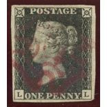 1840 1d black, plate 7, L-L, F/U with magenta maltese cross, 4 margins, fine.