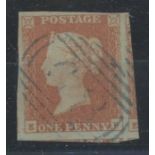 1841 1d red, E-F, with blue 1844 cancel, 4 margins incl. parts of 2 adjoining stamps, fine.