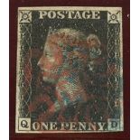 1840 1d black, plate 5, Q-D, used with red maltese cross + Handsworth 1d Post in blue, 4 margins,