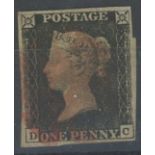 1840 1d black, plate 7, D-C, F/U with red maltese cross, 4 margins, fine.