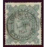 1867-83 10/- greenish grey, H-F, F/U with central Liverpool cds, fine.