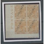 1873-80 8d orange bottom left corner block of 4 Imperforate, each stamp overprinted "SPECIMEN" Mint,