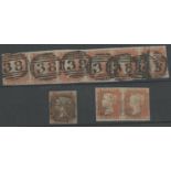 1841 1d reds, NA/NF strip of 6,