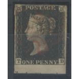 1840 1d black, plate 6, T-D, bottom marginal F/U with red maltese cross, 4 margins, fine.