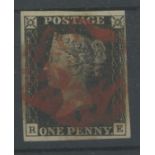 1840 1d black, plate 7, R-E, used with red maltese cross, 4 margins, fine.