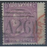 1865-67 6d mauve, plate 9, C-D, used with A26 Malta cancel + part red cds, wing margin at right,