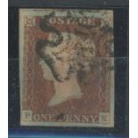 1841 1d red, plate 2, P-K, F/U with black maltese cross, 4 margins, fine.