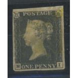 1840 1d black, M-I, used on small piece with yellow looking maltese cross, top right corner damaged.