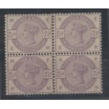 1883-84 2½d lilac, EM/FN, block of 4 Mint, two with vertical crease.