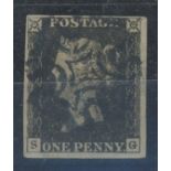 1840 1d black, plate 1b, S-G, used with apparent deep blue maltese cross, 4 margins, fine.