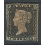 1840 1d black, plate 1a, L-A, F/U with red maltese cross, 4 margins, fine.