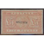 1867-83 £5 orange overprinted "SPECIMEN" Mint, diagonal crease at top right, otherwise fine.