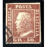 Sicily: 1859 50g brown good used, 4 margins, fine. Sold "as is".