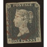 1840 1d black F/U with red maltese cross, 4 margins, slight thin top right corner.