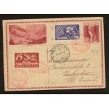 1929 20c printed postcard to Zurich with added 40c & 15c stamps with Zeppelin Post Schweizerflug
