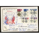 1990 Gallantry Cotswold FDC with 16 signatures: 4 VC holders, 7 GC holders & 5 others, with listing.