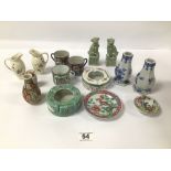 A MIXED LOT OF ORIENTAL CERAMICS AND PORCELAIN, INCLUDING TEACUPS, A PAIR OF DOGS OF FAUX. TWO ASH