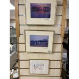 THREE SIGNED PRINTS LOCAL ARTISTS PHILIP DUNN X 2 AND ROGER CONNOLLY LARGEST 30 X 25 CM
