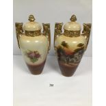 A LARGE PAIR OF LATE 19TH/EARLY 20TH CENTURY PASTORAL WARE CERAMIC LIDDED VASES WITH TWIN HANDLES,