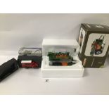 A AMAZONE UX 5200 SPRAYER BY UNIVERSAL HOBBIES, 1:32 SCALE, TOGETHER WITH A MATCHBOX VEHICLE, BOTH