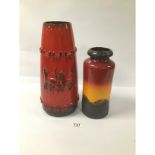 TWO WEST GERMAN POTTERY VASES A LARGE 38 CMS RED FAT LAVA WITH HORSES AND A 30 CMS THREE COLOURED