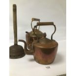 TWO VICTORIAN COPPER CIRCULAR KETTLES AND A COPPER WASHING DOLLY