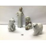 TWO LLADRO FIGURES AND TWO POLAR BEARS