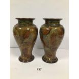 A PAIR OF ROYAL DOULTON GLAZED STONEWARE BALUSTER SHAPED VASES WITH LEAF MOLDED DECORATION