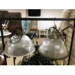 TWO LARGE GLASS AND BRASS INDUSTRIAL LIGHTING 54 DIAMETER