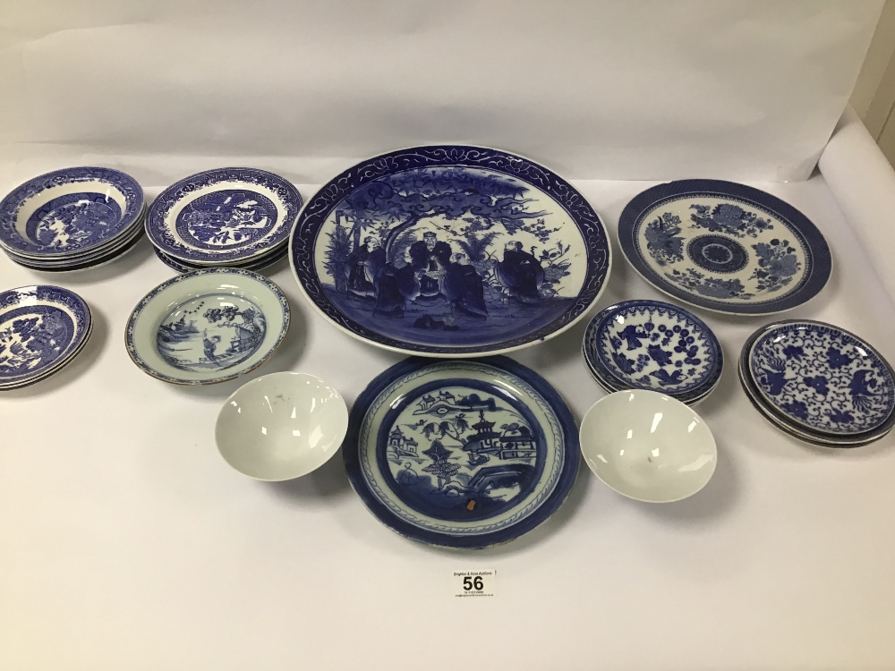 A COLLECTION OF ORIENTAL BLUE AND WHITE PORCELAIN ITEMS, INCLUDING A LARGE PLATE, SIDE PLATES AND