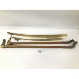 TWO HORSE WHIPS, HANDLES FROM MADE FROM HORN ALSO TWO SHOE HORNS