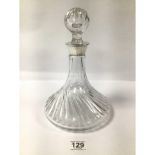 HALLMARKED SILVER COLLAR MOUNTED CUT GLASS SHIPS DECANTER 28 CMS
