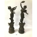 A PAIR OF LARGE 19TH CENTURY SPELTER WINGED FEMALE FIGURES A/F 65 CMS