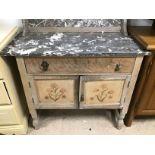 A VINTAGE PART PAINTED WASH STAND WITH MARBLE TOP AND SPLASH BACK 115 X 91 X 43 CMS