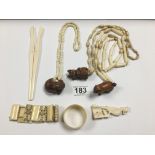 A COLLECTION OF LATE 19TH CENTURY IVORY INCLUDED SIGNED NETSUKE AND GLOVE STRETCHERS